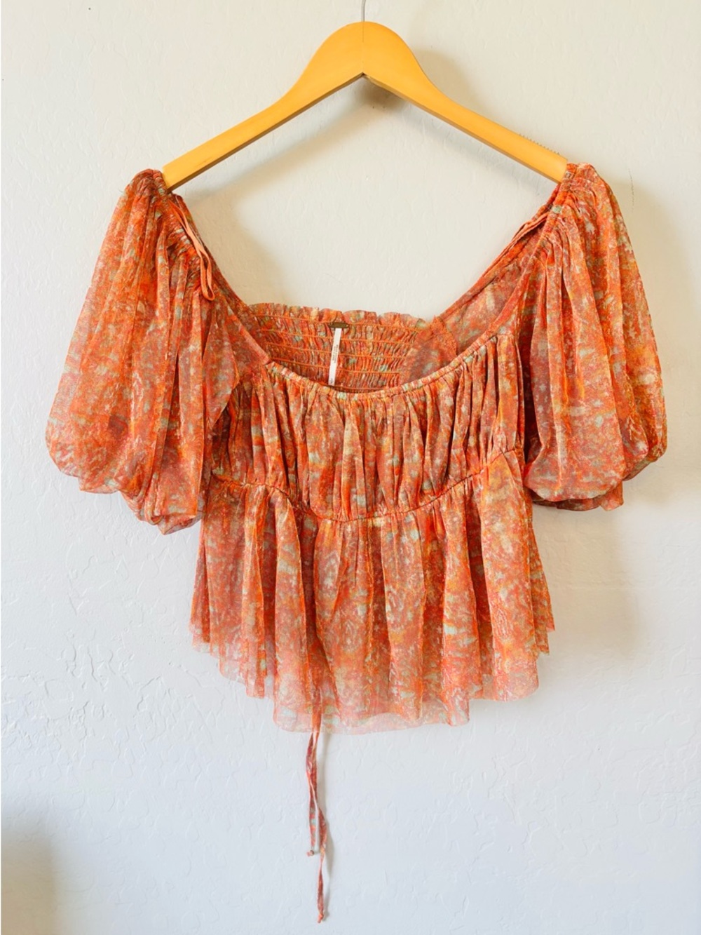 Free People Orange Floral Square-Neck Puff Sleeve Penelope Top - Picture 3 of 9